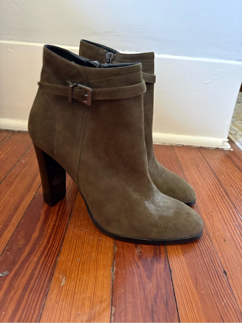 Olive Suede Ankle Bootie with Side Buckle